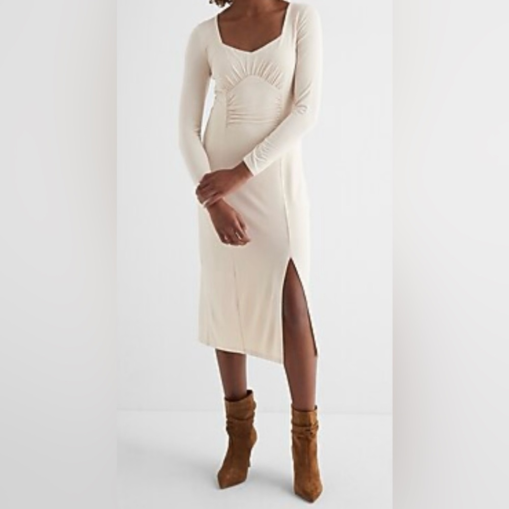 Express Elegant Cream Long Sleeve Dress
